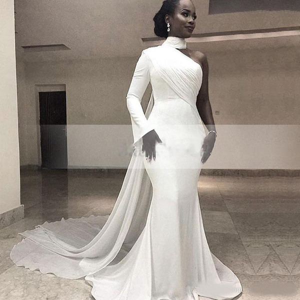 Modern White High Neck Single Long Sleeve Mermaid Formal Evening Dresses Chiffon Train Simple Trumpet Africa Women's Evening Gowns