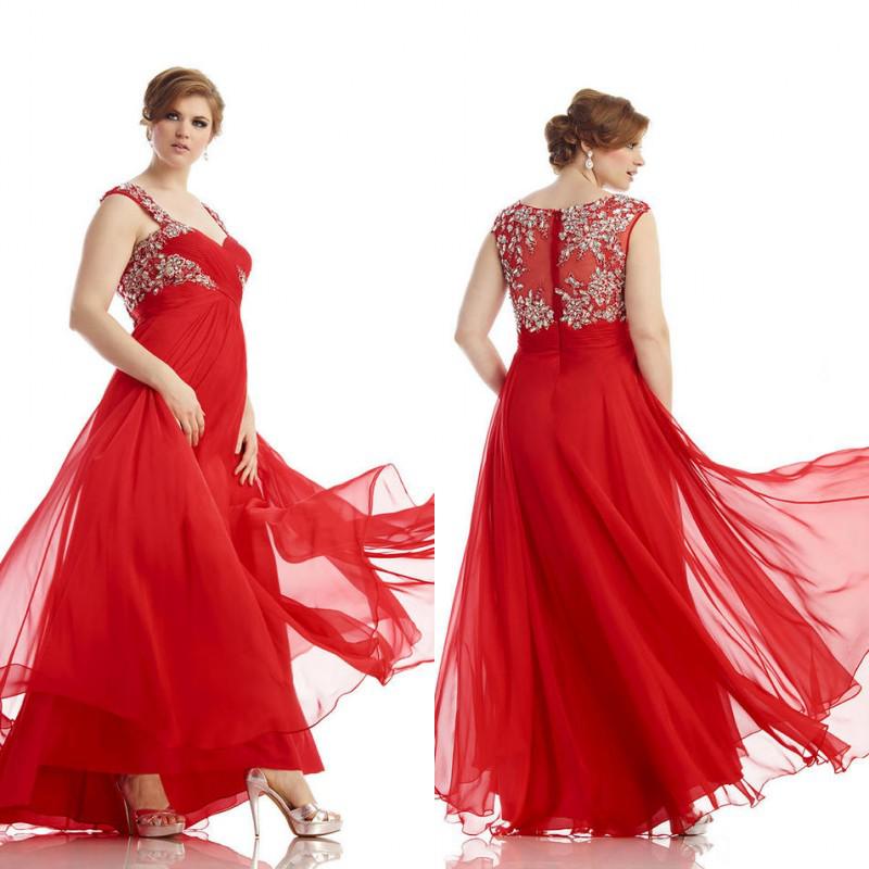 Plus Size A line Spaghetti Beaded Applique Sheer Back Floor Length Red Chiffon Prom Formal Special Occasion Evening Dresses DL11636