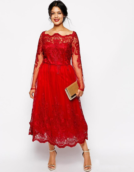 Stunning Red Lace Plus Size Evening Dresses Long Sleeves Bateau A Line Prom Gowns Tea Length Formal Party Wear