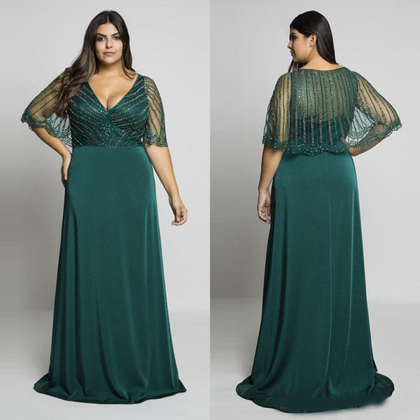 Hunter Green Beading Plus Size Prom Dresses V-Neck Evening Gowns With Wrap A-Line Floor Length Long Formal Dress