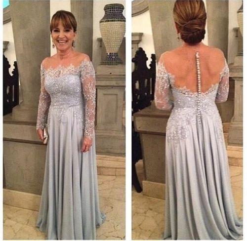 Custom Made Gery color long sleeves sheer neck beaded lace mother of the bride dresses vestido de festa long sleeves lace dress