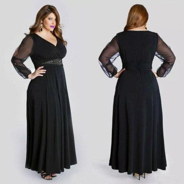 Black Chiffon Plus Size Prom Dresses Long With Illusion Sleeves 2017 Cheap V Neck Beaded Sash Ankle Length Formal Dresses Custom Made EN9218