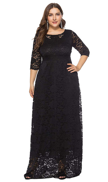 Plus Size Floral Lace Long Party Dresses Full Length Formal Dresses with Pockets