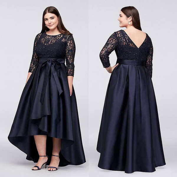 Black Plus Size High Low Formal Dresses With Half Sleeves Sheer Jewel Neck Lace Evening Gowns A-Line Cheap Short Prom Dress