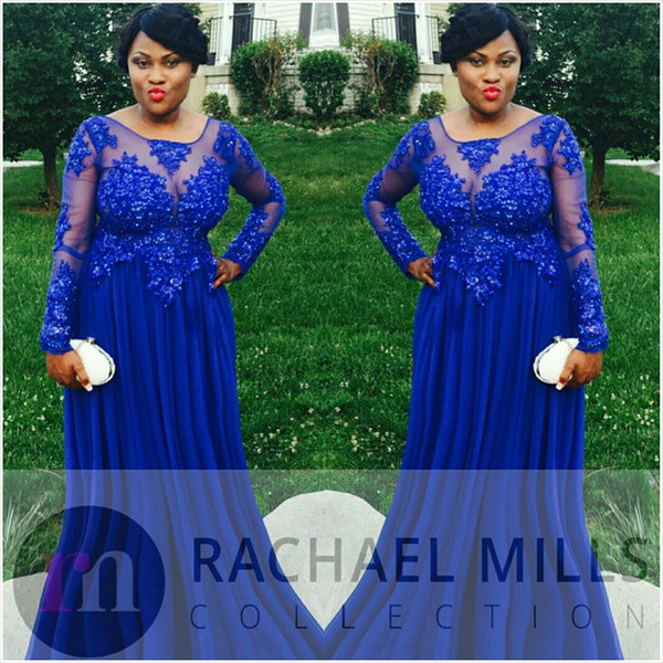 Royal Blue Plus Size Evening Dresses With Long Sleeve Chiffon Appliques Lace Empire Big Size Sheer 2017 Formal Prom Party Gowns