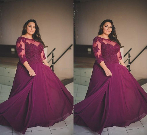 Plus Size Burgundy Prom Dresses 2017 Lace Applique Half Long Sleeve Evening Gowns Sheer Neck Chiffon A Line Formal Party Dresses Custom Made