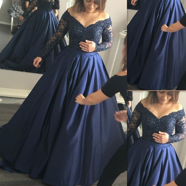 2017 Dark Navy Blue Plus Size Evening Dresses Satin Appliqued Lace Off The Shoulder Long Sleeves A-line Special Occasion Party Gowns