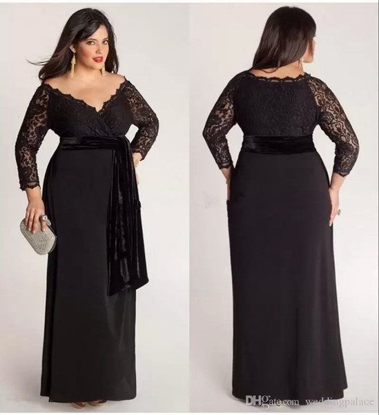 Black Plus Size Lace Long Sleeve Sheath Chiffon Evening Dresses V-Neck With Velvet Sash Floor Length Special Occasion Gowns Prom Dress