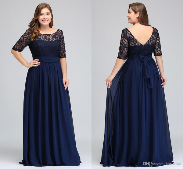 Navy Lace Chiffon Half Sleeves Plus Size Prom Dresses Lace Top A Line Chiffon V Back Mother of Bride Dresses Cheap Gowns CPS522