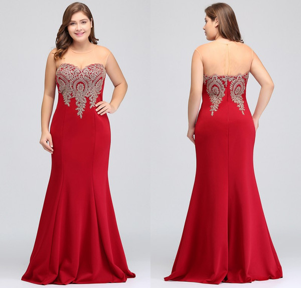 2018 New Cheap Burgundy Plus Size Occasion Dresses Mermaid Sheer Neck Lace Appliqued Satin Formal Evening Prom Gowns CPS262