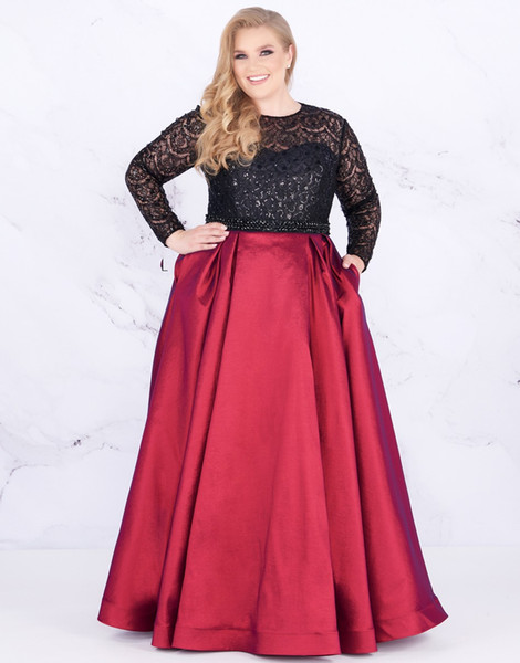 New Dark Red Plus size Evening Prom dresses Lace Sequins With Pockets Satin Long Sleeves Cheap Plus Size Special Occasion Dresses