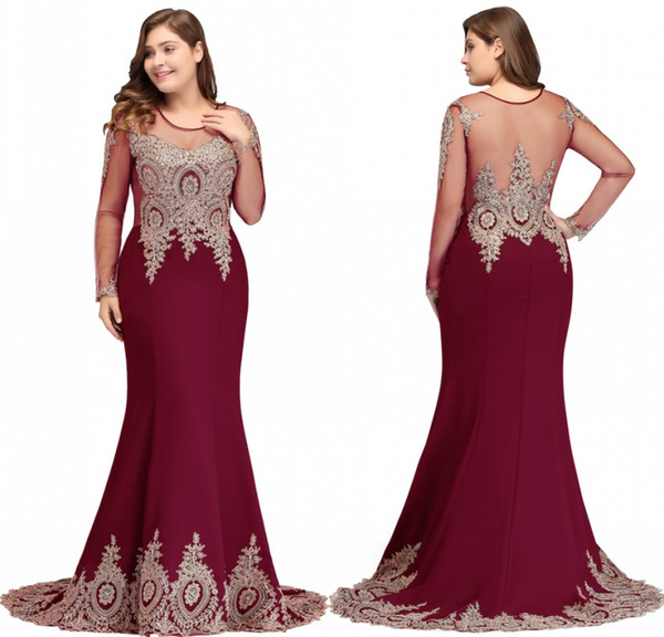 New Sexy Back Designer Plus Size Evening Dresses Sheer Long Sleeves Gold Lace Appliques Mermaid Prom Party Gowns CPS404