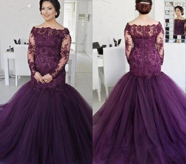 Alluring Purple Prom Evening Dress For Plus size Women Girls Off shoulder Illusion Long Sleeves Lace Applique Mermaid Ruched Cheap