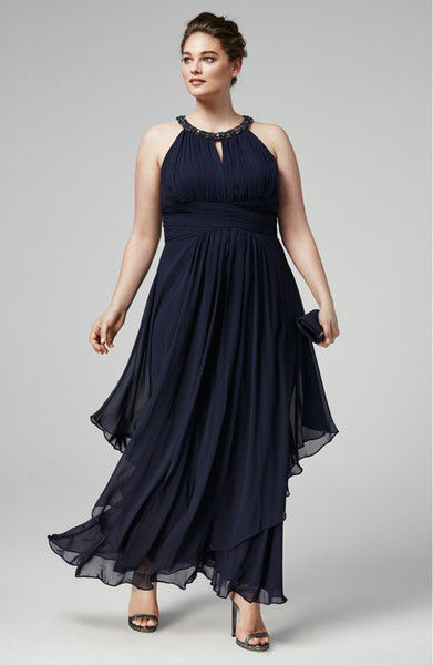 Stunning Beaded Plus Size Prom Dresses Halter Neckline Pleated Formal Dress Ankle Length Chiffon Evening Gowns