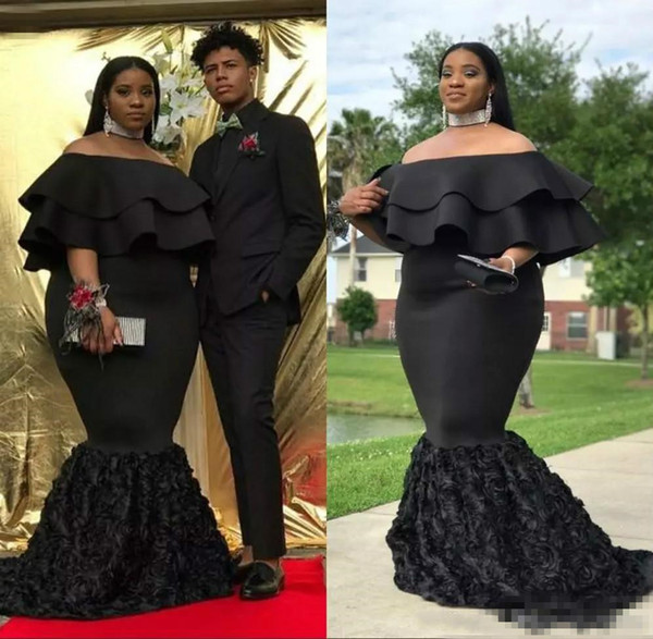 Plus Size Mermaid Prom Dresses Black Off The Shoulder Cheap Evening Gowns Ruched Sweep Train 3D rose floral African Women Formal Party Dress