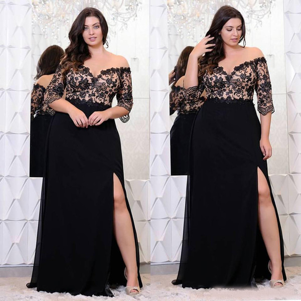 Black Lace Plus Size Prom Dresses With Half Sleeves Off The Shoulder V-Neck Split Side Evening Gowns A-Line Chiffon Formal Dress