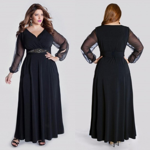 Black Long Sleeve Plus Size Formal Prom Dresses V Neck Crystal Sash Floor Length Evening Gowns A Line Elegant Special Occasion Dress