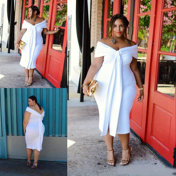 Charming White Plus Size Prom Dresses Off The Shoulder Short Evening Gowns Sleeves Cheap Tea Length Backless Formal Dress