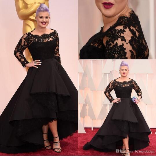 87th Oscar Awards Kelly Osbourne Black Long lace sleeves Celebrity formal Evening Dresses Hi-lo A line short party Special OccasionPlus size