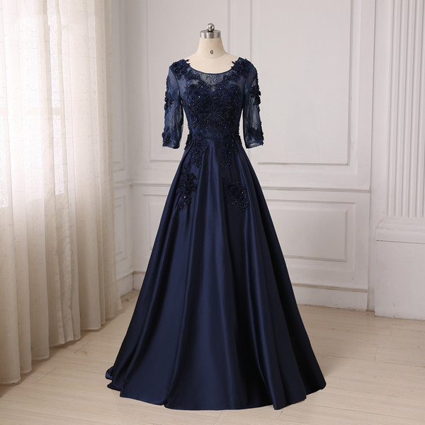 Evening Gowns For Fat Women 2017 Half Sleeves Long Dark Navy Plus Size Satin Appliques Lace Special Occasions Dress For Ladies