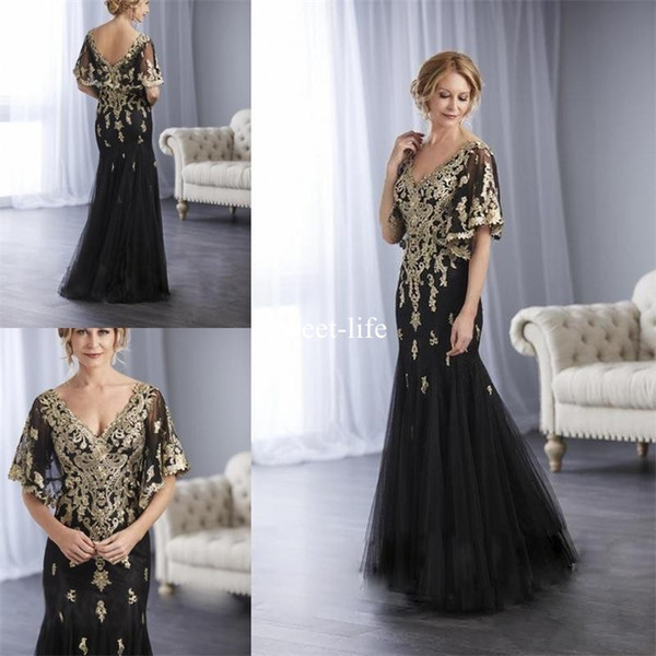 Elegant Mermaid Mother Dresses V-Neck Short sleeve Backless Gold Lace Appliques Tulle Tiered Skirts Floor-length Mothers Groom Gowns