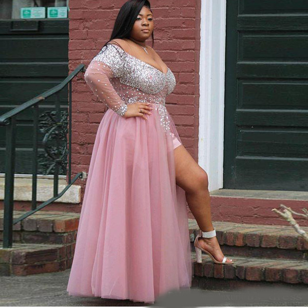 Plus Size African Black Girl Long Prom Dress V-Neck Heavy Beaded See Through Top Long Sleeve Pink High Slit Prom Dresses Abendkleid