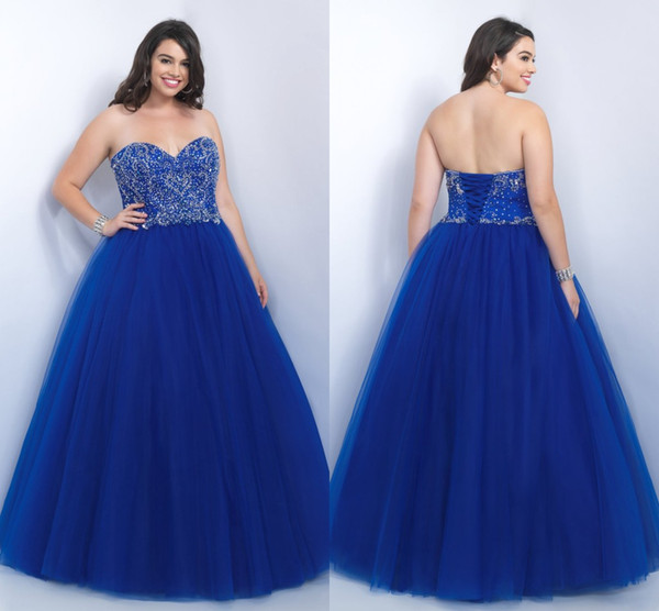 Plus Size Prom Dresses Blue Sequin Crystals Beading Lace Up Back Elegant Unique Design Fashion Tulle Gown Sweetheart Neck Pageant Dresses