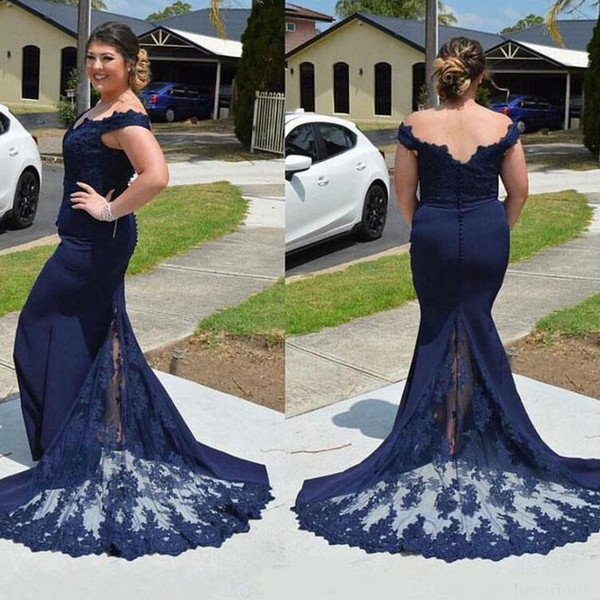 Plus Size Evening Gowns Dark Navy Blue Off The Shoulder Mermaid Night Dresses For Fat Women Maxi Sizes Casual Special Occasion Dress