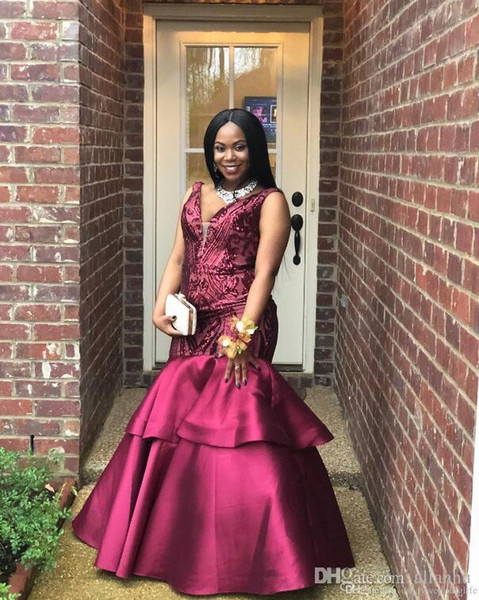 Black Girls African Plus Size Special Occasion Dresses Mermaid Prom Dresses Sequins Lace Satin Backless Evening Gowns Formal Dress