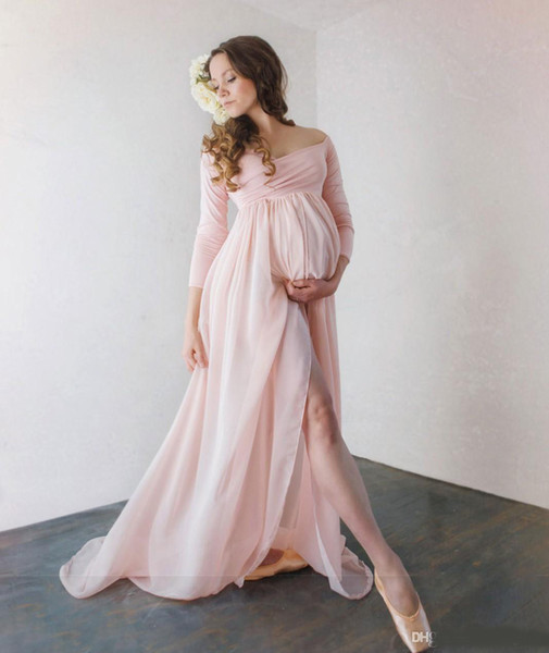 Attractive Chiffon Maternity Dresses For Photo Shoot With Long Sleeves Split Front Pregnant Gown Off The Shoulder Custom Made Maxi Dress