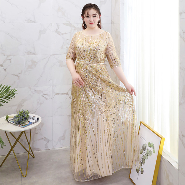 Plus size New Arrival Sequin Jewel A line Gold ankle length lace-up back 1/2 sleeve dress maternity pregnant special occasion prom dress