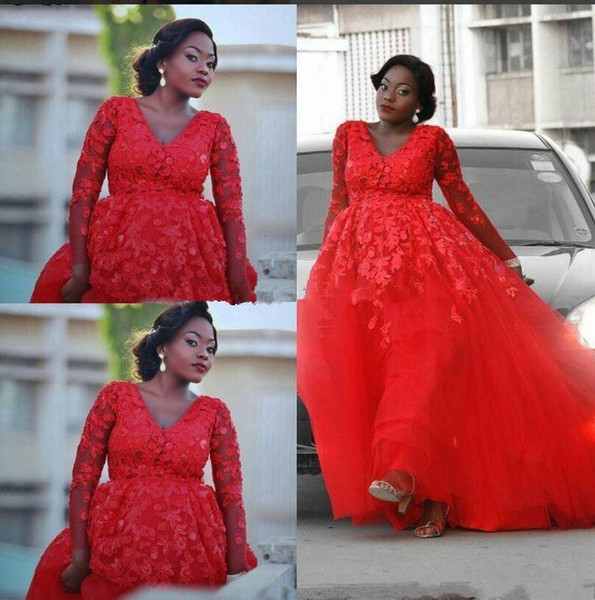 Prom Dresses African 3D floral Lace Applique Long Sleeves Red Tulle Black Girl Floor Length Puffy Formal Party Dress Evening Gowns Wear