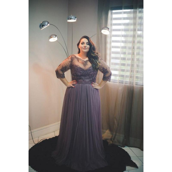 Plus Size Evening Gowns Dresses With Sleeves A-line Tulle Appliques Lace Sheer Big Gight Prom Dress For Fat Women