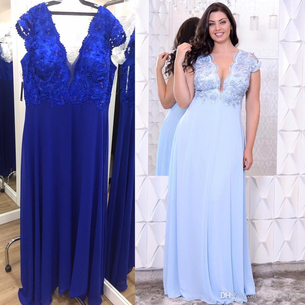 Pink/Blue Lace Appliques Plus Size Evening Dresses Deep V-Neck Beaded A Line Prom Gowns Cheap Floor Length Empire Waist Chiffon Formal Dress