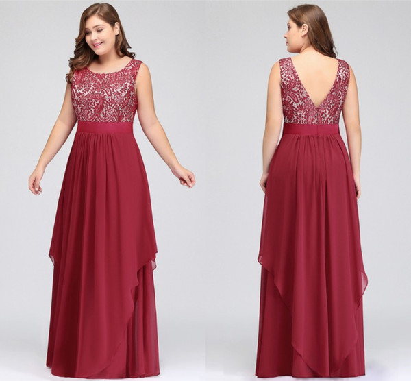 Burgundy Plus Size Women Occasion Evening Prom Dresses Scoop Neckline A Line Lace Top Chiffon Long Bridesmaids Mother Dress CPS251