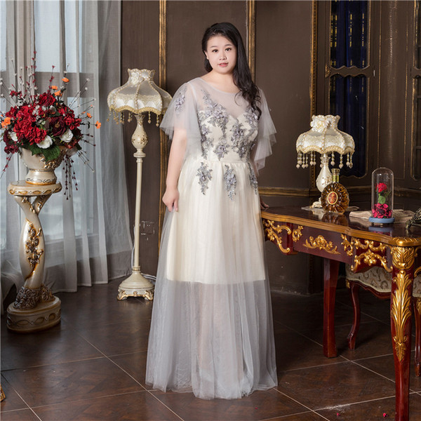 New arrival elegant prom party evening dresses frock flowers gown lace O-neck half sleeves plus size 3D appliques