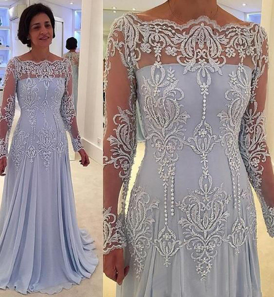 Cheap Lilac Long Sleeves Mother Of The Bride Dresses A-Line Off Shoulder Appliques Lace Groom Dress Bridal Guest Evening Gowns