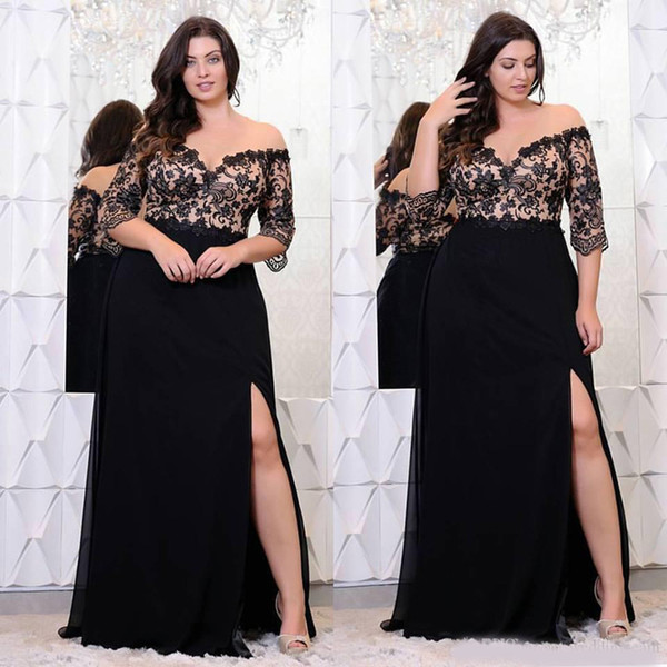 Black Lace Plus Size Prom Dresses With Half Sleeves Off The Shoulder V-Neck Split Side Evening Gowns A-Line Chiffon Formal Dress