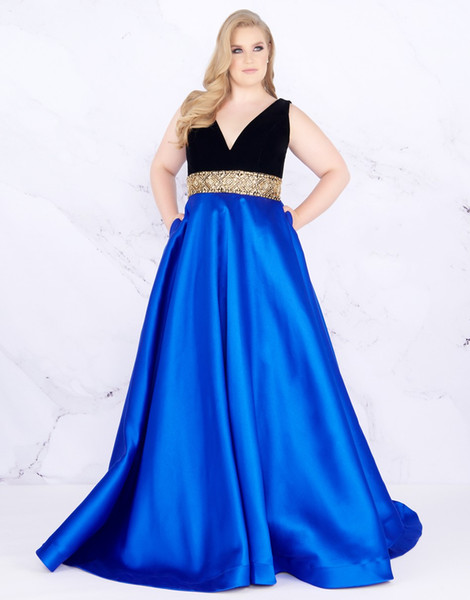 Gold Sequins Beads Plus size Evening Prom dresses With Pockets Deep V Neck Cheap Black Royal Blue Plus Size Special Occasion Dresses