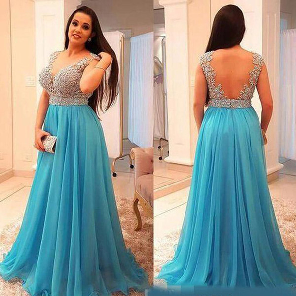 Stunning Beaded Chiffon Plus Size Prom Dresses Deep V Neck Backless Crystal Evening Gown Floor Length Pleated Long Formal Guest Dress