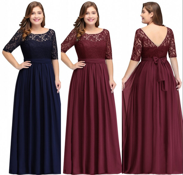 Dark Navy Burgundy Half Long Sleeves Plus Size Prom Dresses Lace Top A Line Chiffon V Back Mother of Bride Dresses Cheap Gowns CPS522