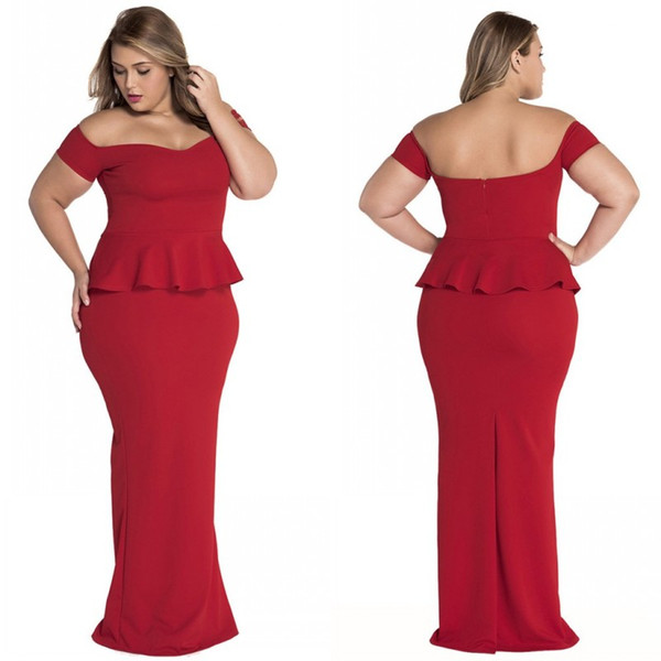 Plus Size Formal Evening Prom Dresses Cheap 2017 Latest Red Spandex Off The Shoulder Peplum Floor Length Party Gowns Custom Made EN6214