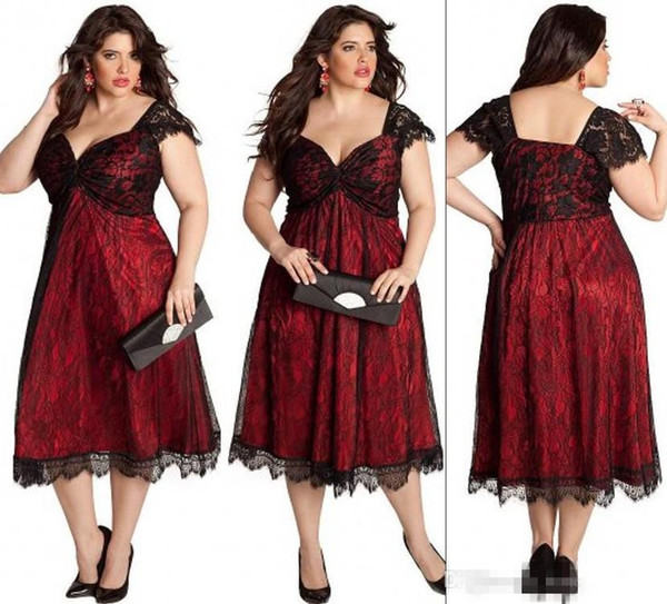 Fashion Plus Size Lace Evening Gowns Tea Length Sweetheart Capped Sleeves Cocktail Party Bridesmaid Mother Dresses Special Occasion