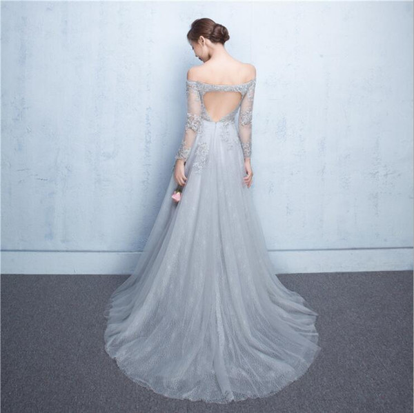 Custom made Grey off shoulder backless Tiered A line sweep train long bridesmaid Quinceanera prom party evening homecoming dress plus size