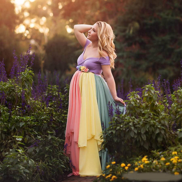 Colorful Chiffon Maternity Dresses For Photo Shoot With Short Sleeves Pregnant Gown Off The Shoulder Custom Made Maxi Dress