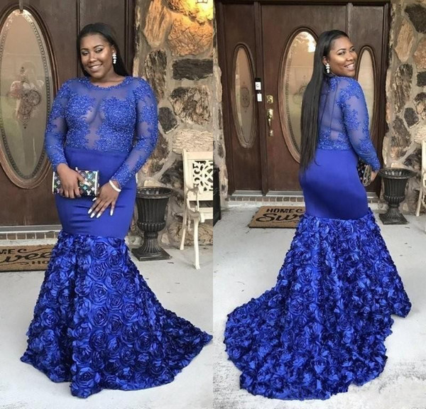 Stunning New Arrival Plus Size Prom Dresss Sexy Sheer Bodice Mermaid 3D Rose Flowers Long Sleeves Blue Formal Dresses Evening Plus Size