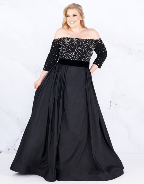 Modest Black Evening Prom dresses Plus size Off the shoulder with Sleeves Sequin Beading Long Cheap Plus Size Special Occasion Dresses