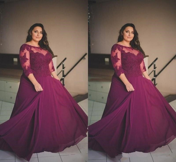 Plus Size Burgundy Prom Dresses 2017 Lace Applique Half Long Sleeve Evening Gowns Sheer Neck Chiffon A Line Formal Party Dresses plus size