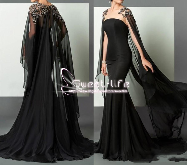 Black Mermaid Arabic Formal Mother Dresses Elie Saab Beaded Chiffon With Cape African Prom Party Gown Pageant Celebrity Dress Runway