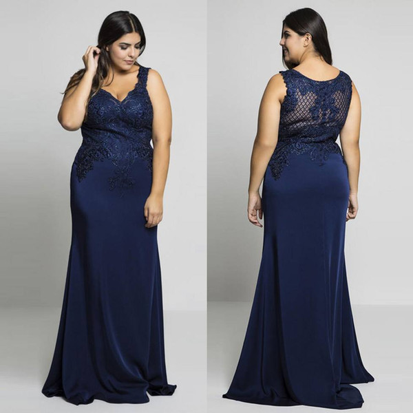 Navy Blue Plus Size Beaded Evening Dresses V-Neck Mermaid Mother Of The Bride Dress Floor Length Long Applique Formal Gowns